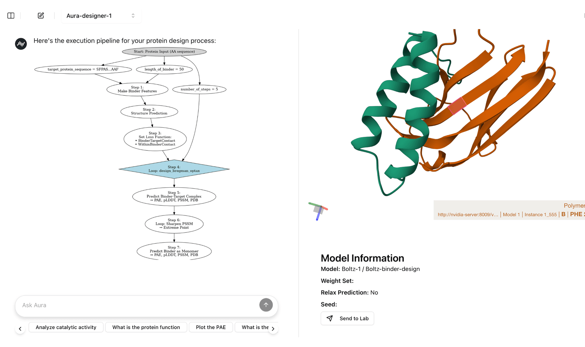Example binder design workflow in Aura with Boltz-1 integrated.